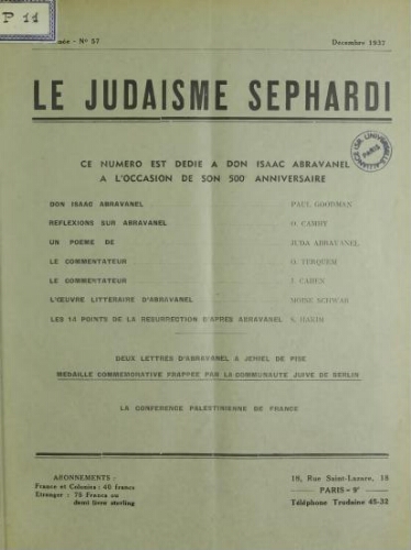 Le Judaïsme Sephardi N°57 (01 décembre 1937)